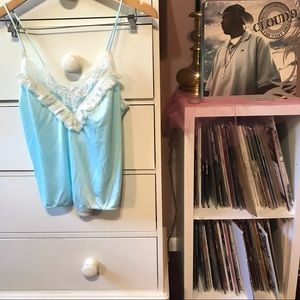 True Vintage Baby Blue Satin Cami Tank Top Y2k Lace Blouse Pastel Small 80’s